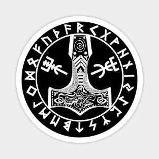 Thor's hammer and Viking runes , in white. Magnet